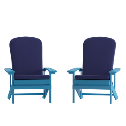 Charlestown Set of 2 All-Weather Poly Resin Wood Adirondack Chairs in Blue with Blue Cushions for Deck, Porch, and Patio