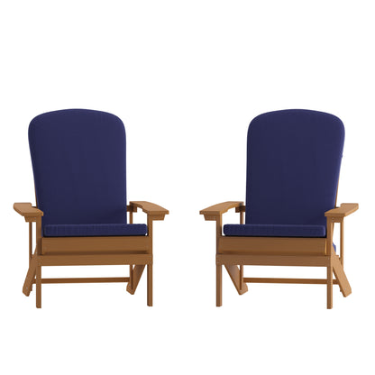 Charlestown Set of 2 All-Weather Poly Resin Wood Adirondack Chairs in Teak with Blue Cushions for Deck, Porch, and Patio