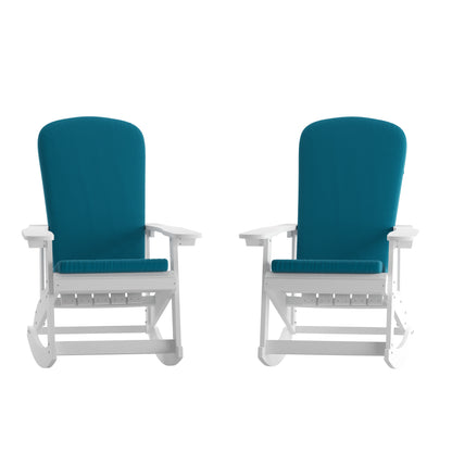 Savannah Set of 2 All-Weather Poly Resin Wood Adirondack Rocking Chairs in White with Teal Cushions for Deck, Porch, and Patio