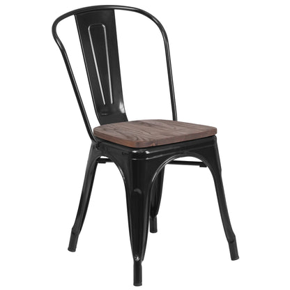 Perry Black Metal Stackable Chair with Wood Seat