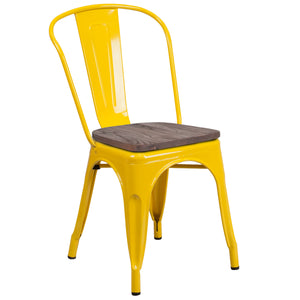 Perry Yellow Metal Stackable Chair with Wood Seat