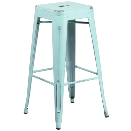 Kai Commercial Grade 30" High Backless Distressed Green-Blue Metal Indoor-Outdoor Barstool