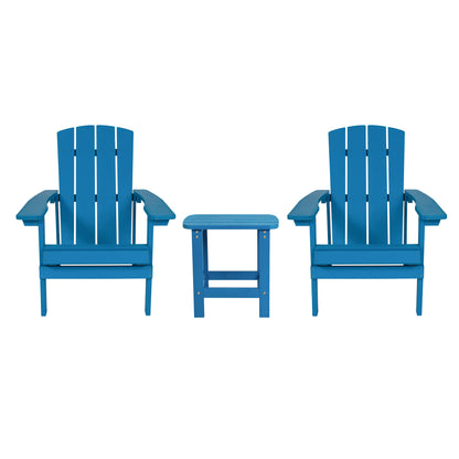 2 Pack Charlestown Commercial All-Weather Poly Resin Wood Adirondack Chairs with Side Table in Blue