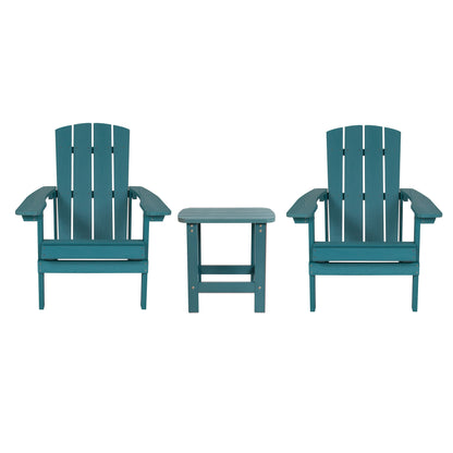 2 Pack Charlestown Commercial All-Weather Poly Resin Wood Adirondack Chairs with Side Table in Sea Foam