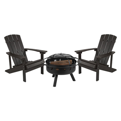 3 Piece Charlestown Commercial Slate Gray Commercial Poly Resin Wood Adirondack Chair Set with Fire Pit - Star and Moon Fire Pit with Mesh Cover