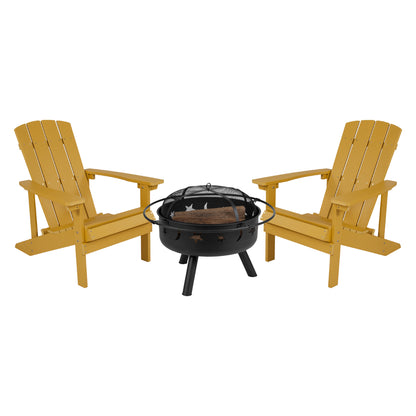 3 Piece Charlestown Commercial Yellow Commercial Poly Resin Wood Adirondack Chair Set with Fire Pit - Star and Moon Fire Pit with Mesh Cover