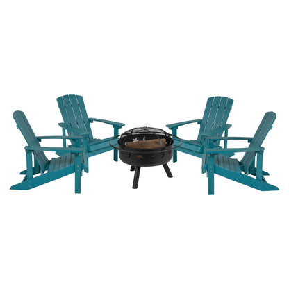 5 Piece Charlestown Commercial Sea Foam Poly Resin Wood Adirondack Chair Set with Fire Pit - Star and Moon Fire Pit with Mesh Cover