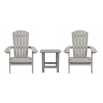 2 Pack Charlestown Commercial All-Weather Poly Resin Folding Adirondack Chairs with Side Table in Gray