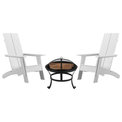 Sawyer Set of 2 White Modern Sawyer Commercial All-Weather 2-Slat Poly Resin Adirondack Chairs with 22" Round Wood Burning Fire Pit