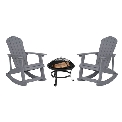 Savannah Set of 2 Gray Commercial Grade All-Weather Poly Resin Wood Adirondack Rocking Chairs with 22" Round Wood Burning Fire Pit