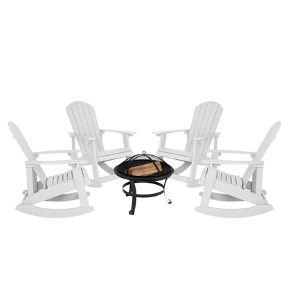 Savannah Set of 4 White Commercial Grade All-Weather Poly Resin Wood Adirondack Rocking Chairs with 22" Round Wood Burning Fire Pit