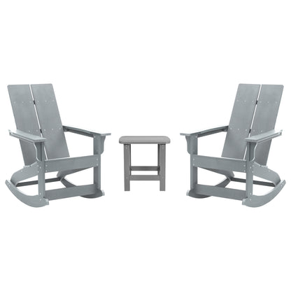 Set of 2 Gray Finn Modern Commercial Grade All-Weather 2-Slat Poly Resin Rocking Adirondack Chairs with Matching Side Table