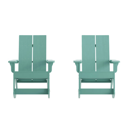 Finn Modern Commercial Poly Resin Wood Adirondack Rocking Chair - All Weather Sea Foam Polystyrene - Dual Slat Back - Stainless Steel Hardware - Set of 2