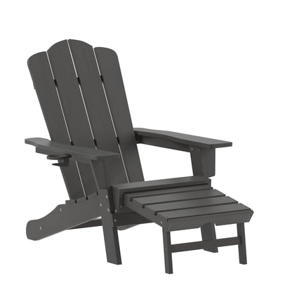 Newport HDPE Adirondack Chair with Cup Holder and Pull Out Ottoman, All-Weather HDPE Indoor/Outdoor Lounge Chair in Gray