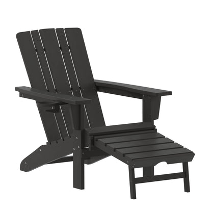 Halifax HDPE Adirondack Chair with Cup Holder and Pull Out Ottoman, All-Weather HDPE Indoor/Outdoor Lounge Chair in Black